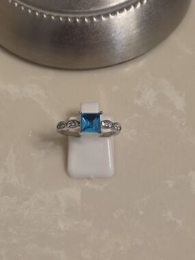 Silver CZ and Aquamarine Ring Size 8